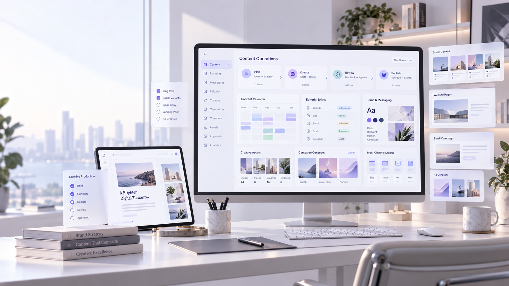 Content operations dashboard showing planning, creative production, editorial briefs, brand messaging and multi-channel publishing
