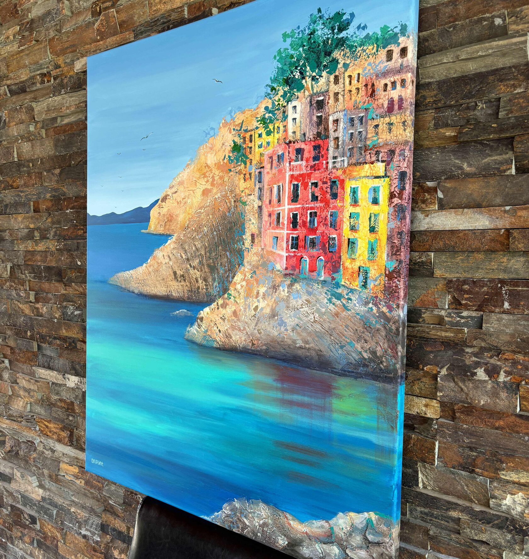 Acrylic painting Riomaggiore, Cinque Terre, mixed media Turquoise Sea, large wall art for sale, buy art from artist, buy original paintings, seascape, stones in the sea, painting for sale Oxana Kravtsova Oxypoint