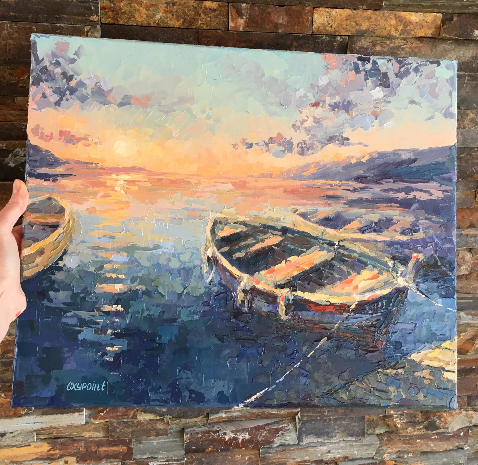 Boats at sunset oil painting, sea abstract art, seascape knife painting, artist OXYPOINT Oxana Kravtsova, painting for sale 