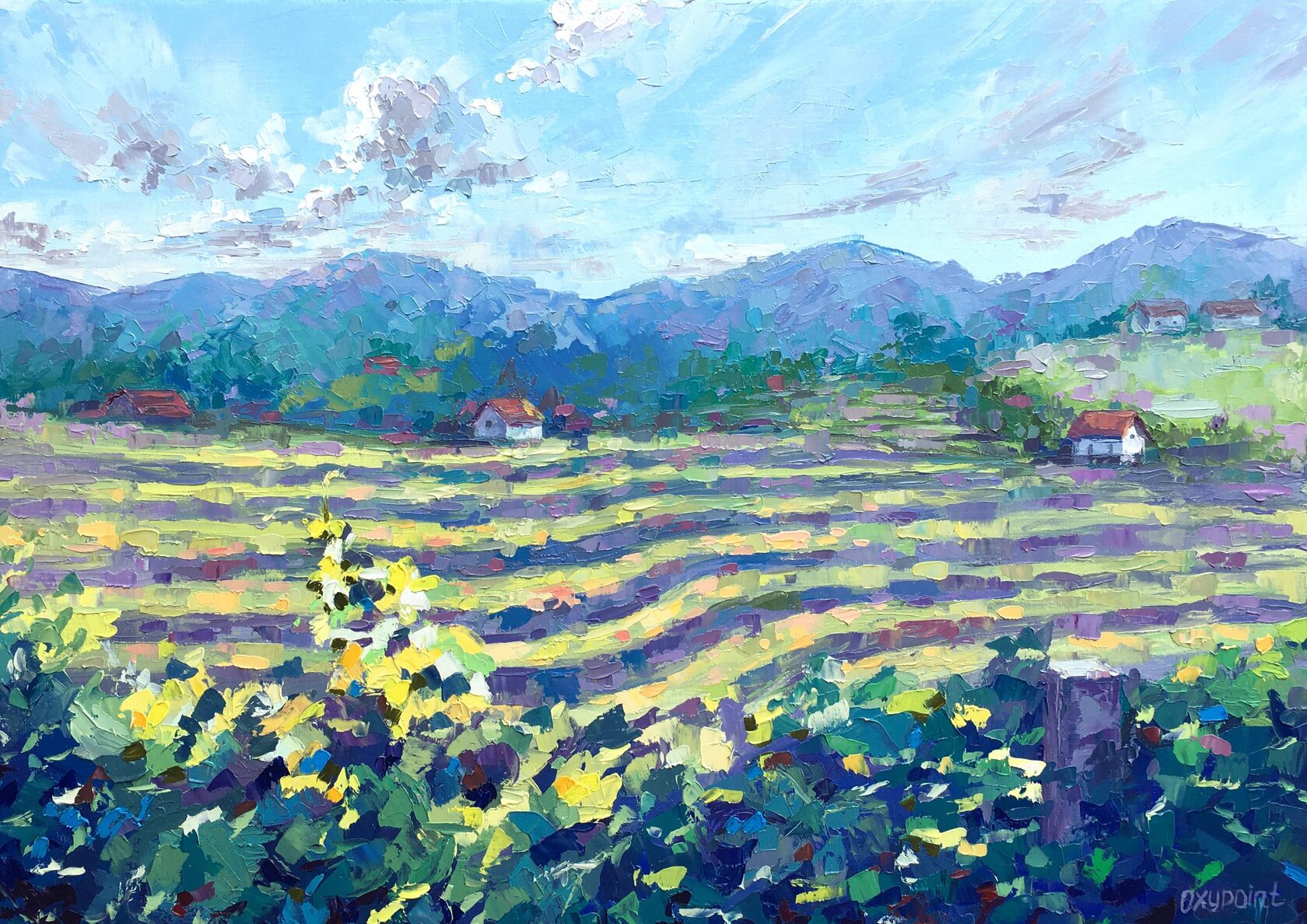 Vineyard oil painting, grape art, winemaking