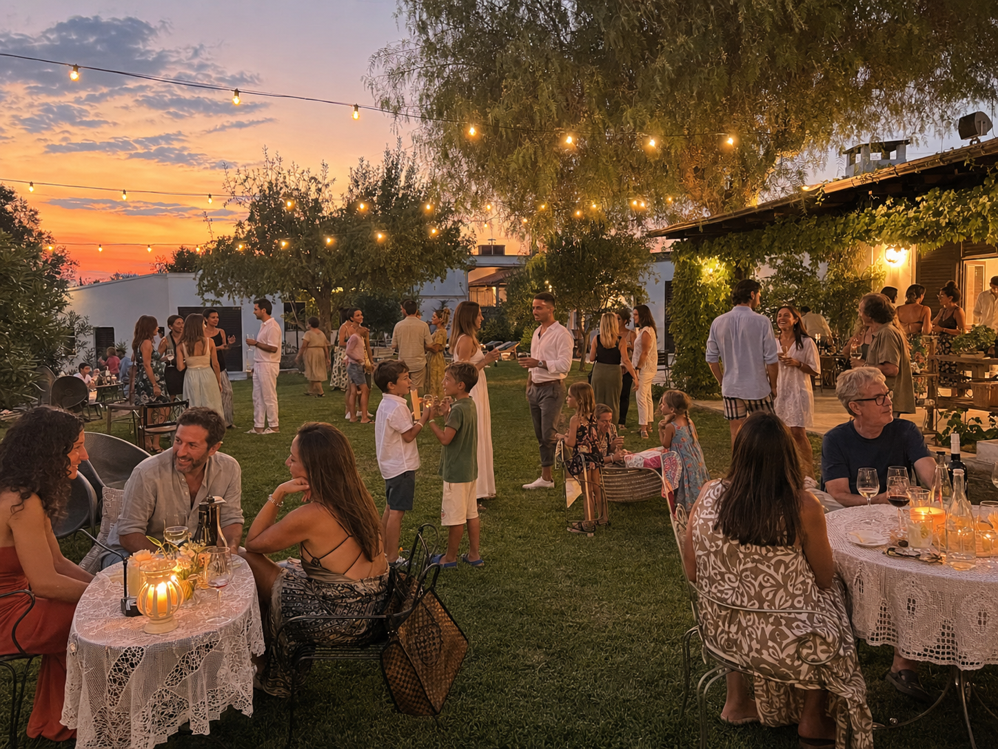 Il giardino di DICAPOSTELLA al tramonto, con le luci accese tra gli alberi