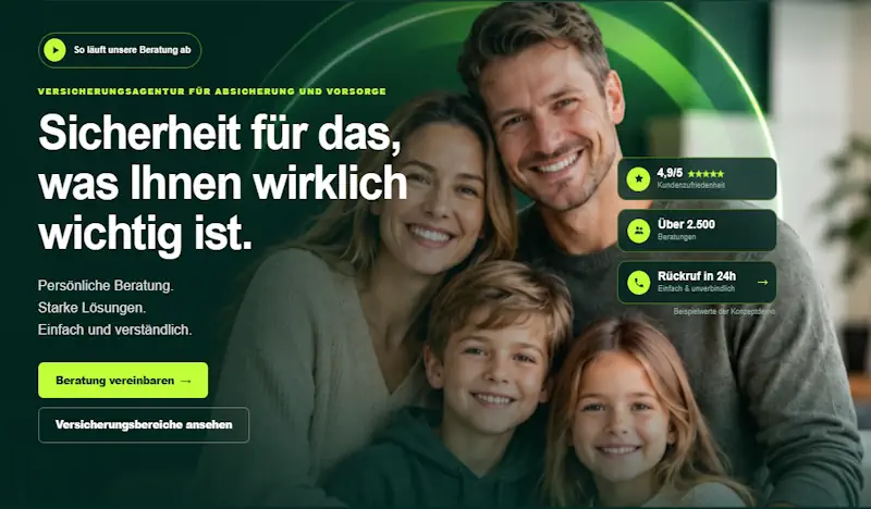 Website-Designkonzept für eine Versicherungsagentur mit Versicherungsbereichen, Bedarfs-Check und Terminbuchung