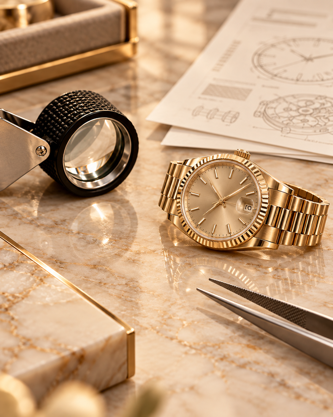 Rolex watch with loupe and evaluation documents prepared for professional resale appraisal