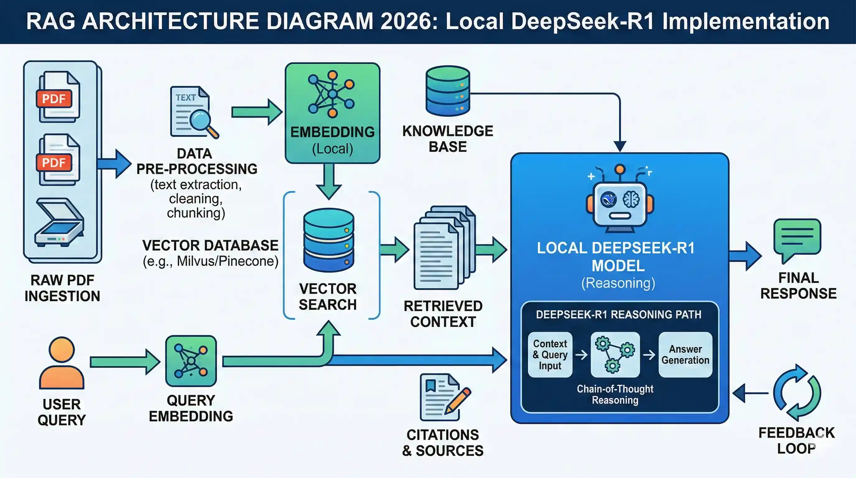 how to build a local RAG system architecture diagram 2026 showing document ingestion, embedding, vector DB, and local LLM reasoning loop