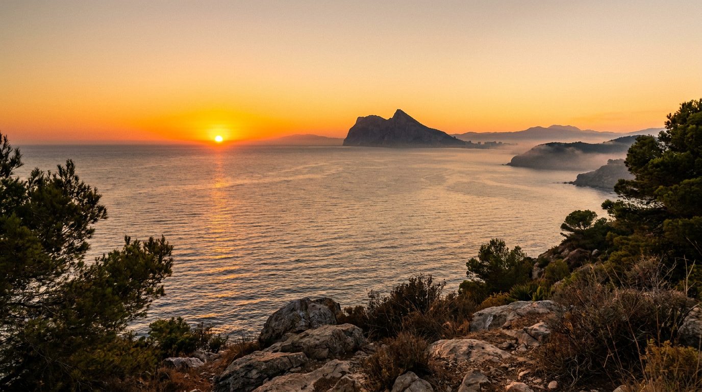 Sunset over the Mediterranean with the Rock of Gibraltar on the horizon, seen from the Costa del Sol