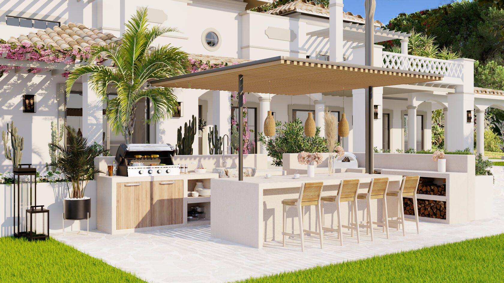 Outdoor kitchen, dining terrace and planting design for a villa