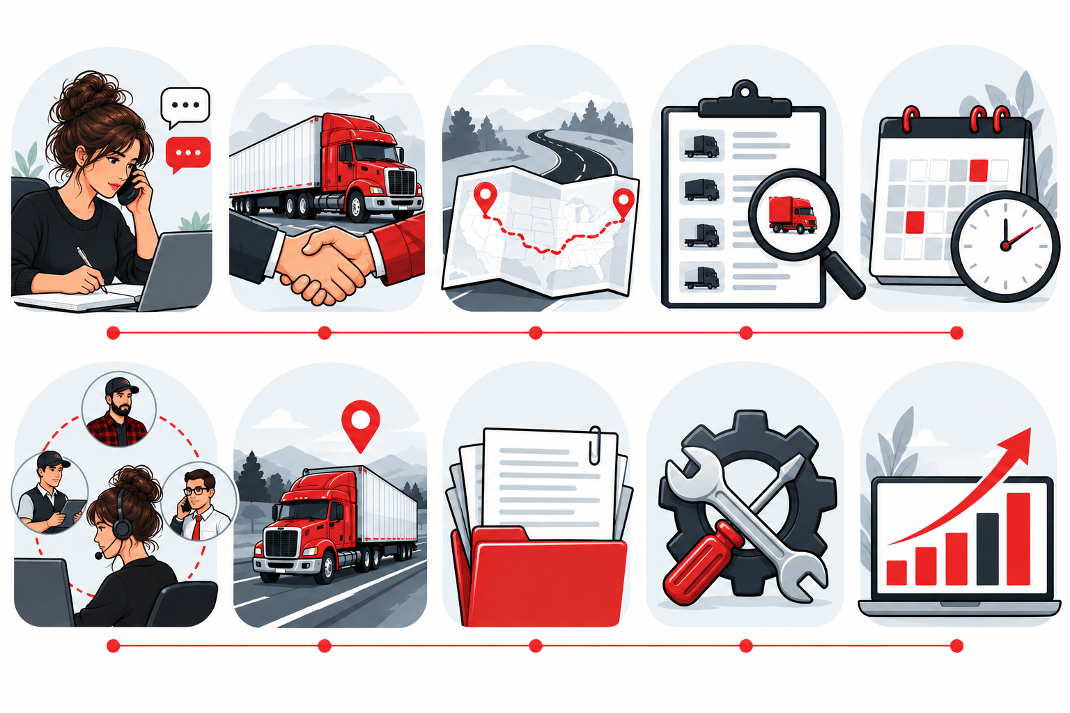 Ten practical dispatcher skills grouped into communication, commercial decisions, operations, documentation and control