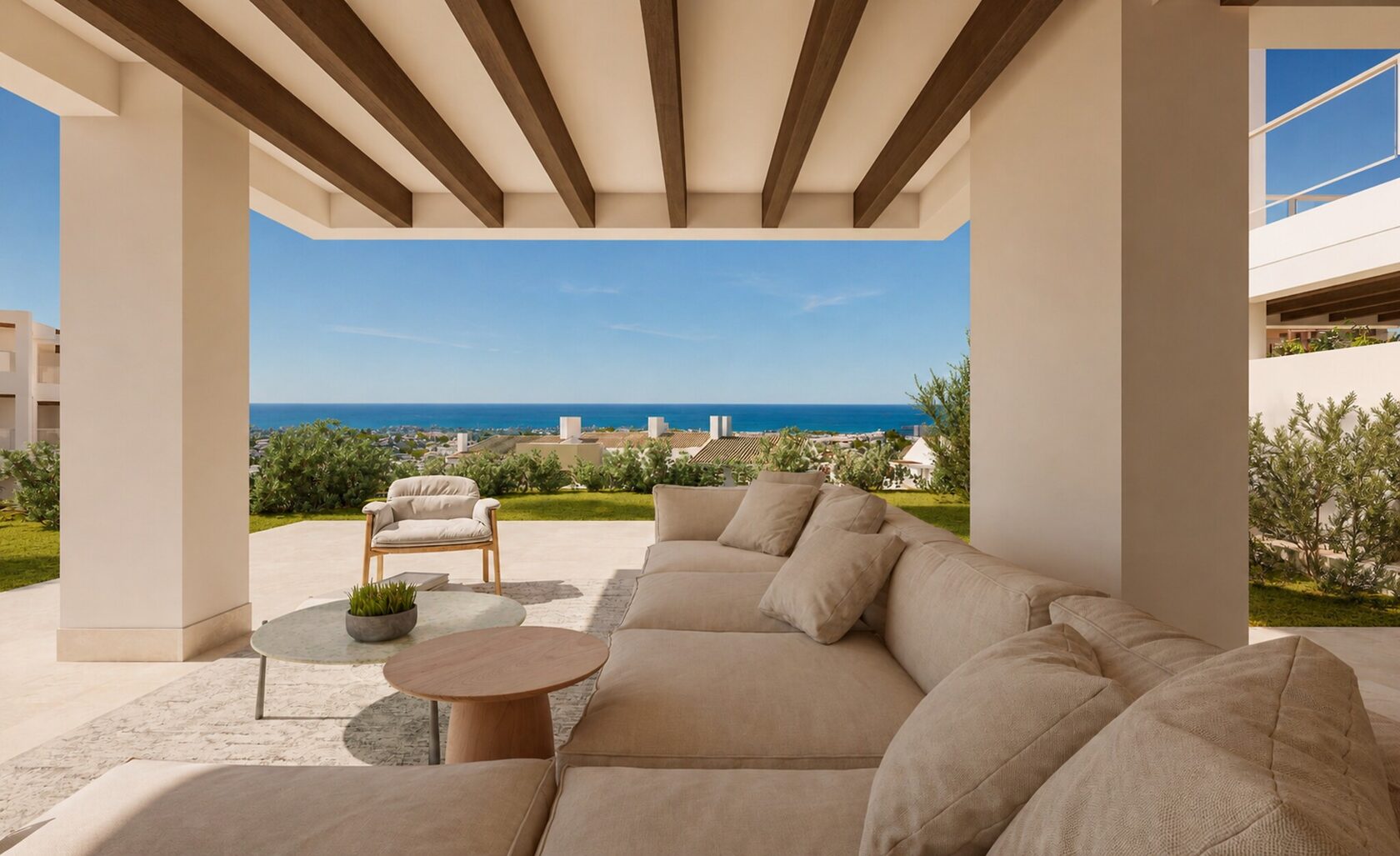 Penthouse terrace with sea view under timber beams, visualisation