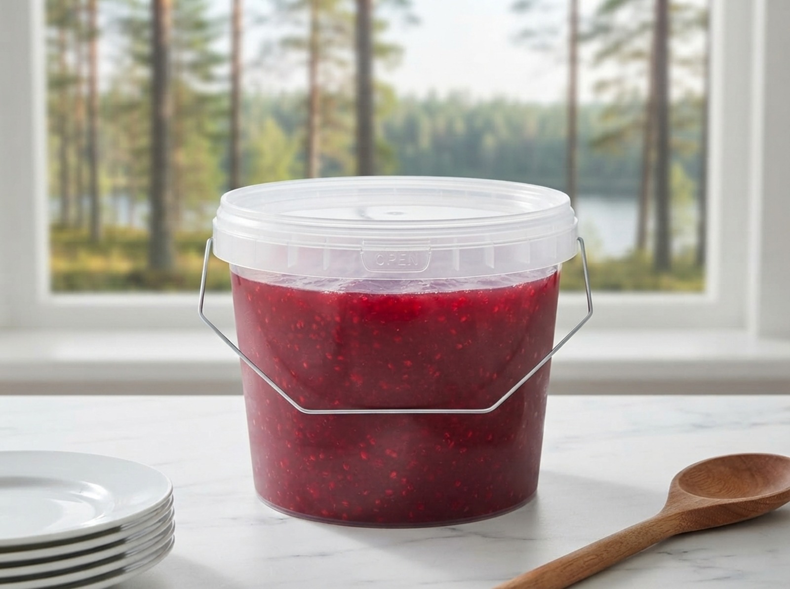 Прозрачное пластиковое ведро 2,3 литра с малиновым джемом и крышкой на мраморной стойке завтрака в гостинице у соснового леса, слева стопка тарелок, справа деревянная ложка, за окном сосны и озеро