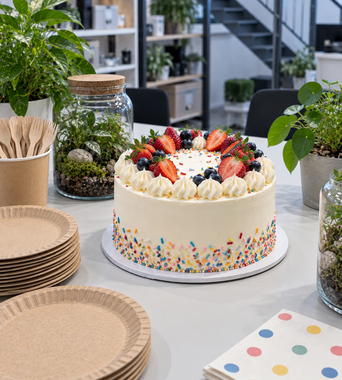 Kinder pusten beim Kindergeburtstag die Kerzen auf der Geburtstagstorte aus, im Hintergrund fertige Biotope – IZSO NaturArt in Lahr
