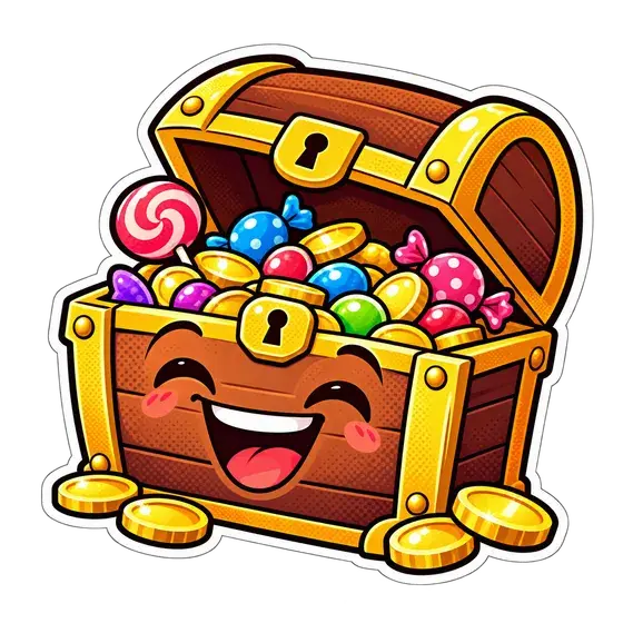 Sticker: lachende Schatzkiste voller Goldmünzen und Bonbons