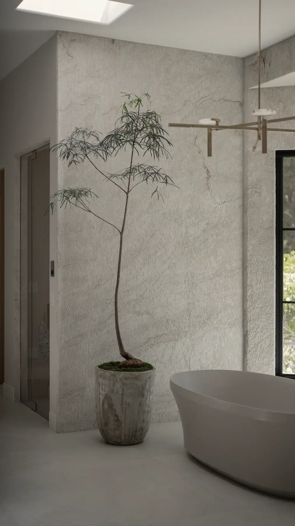 A tall slender tree beside a freestanding bathtub