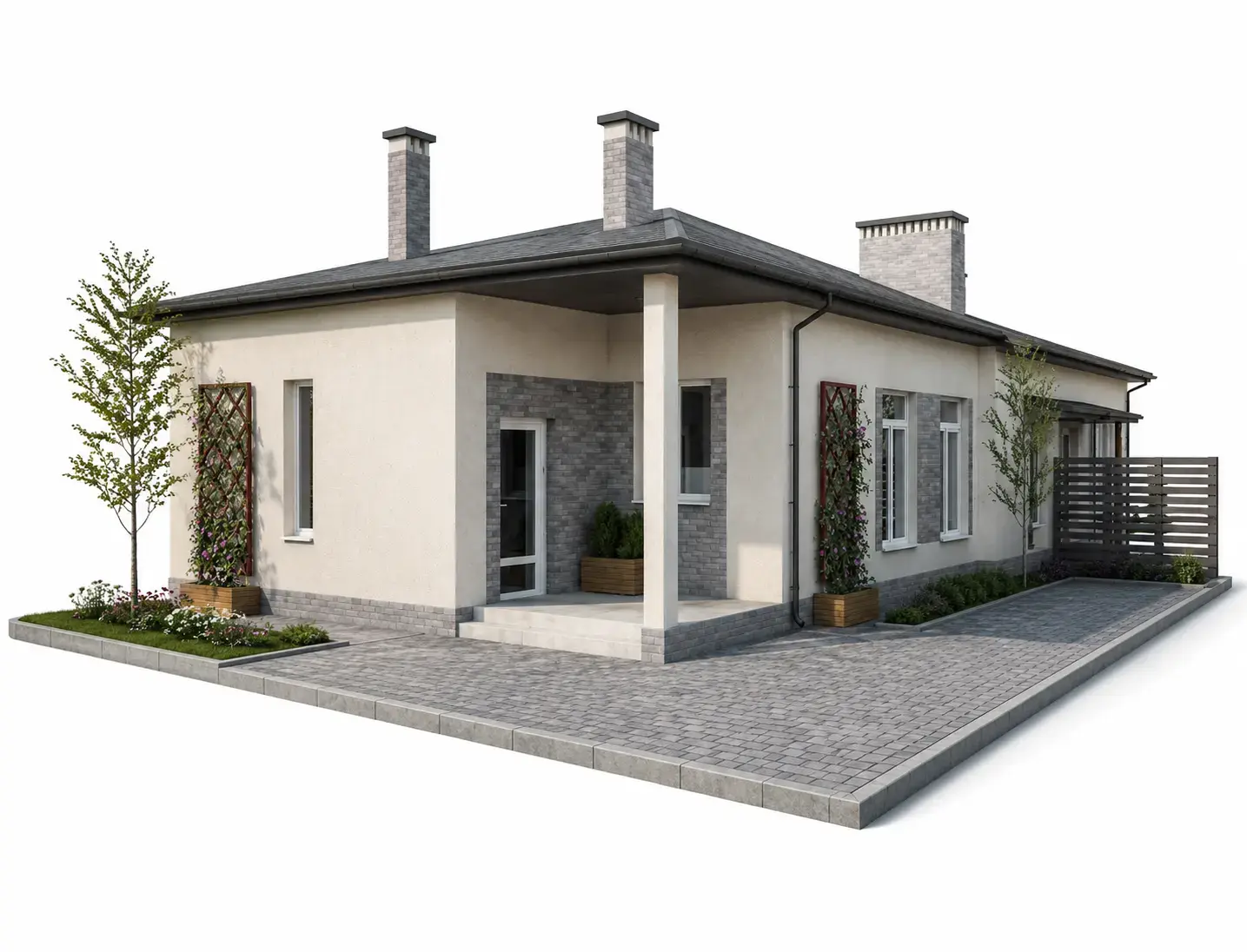 Планировка таунхауса-квадрекса 73,5 м² в коттеджном городке Светлый Совиньон — 2–3 спальни