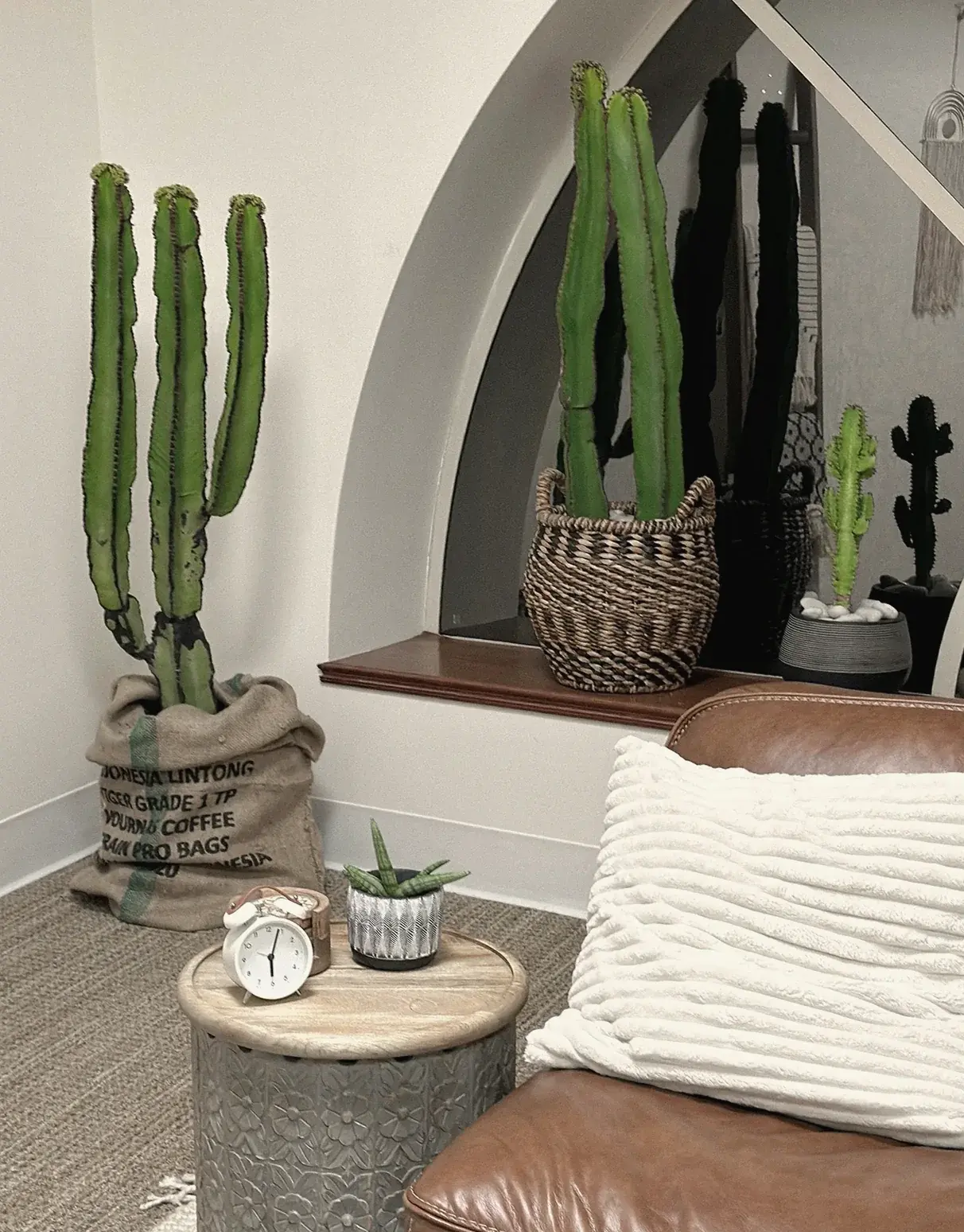 Tall cacti in a burlap sack and a woven basket beside an arched niche and a leather sofa