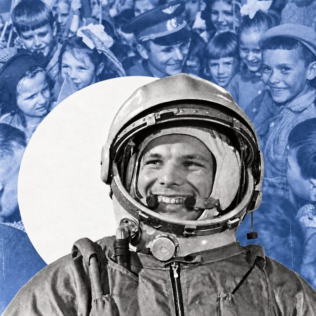 Yuri Gagarin, the first person in space, surrounded by a crowd of children