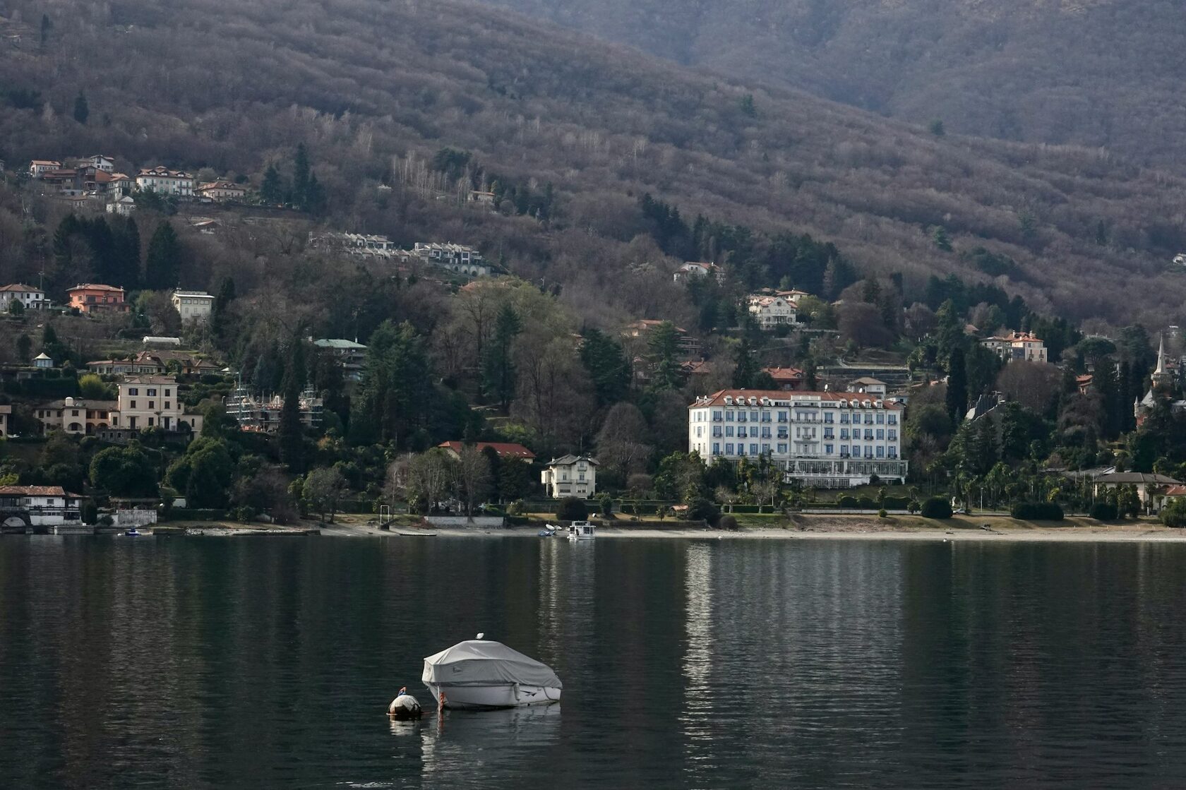 Isola Bella's terraced baroque gardens seen from a boat on Lake Maggiore