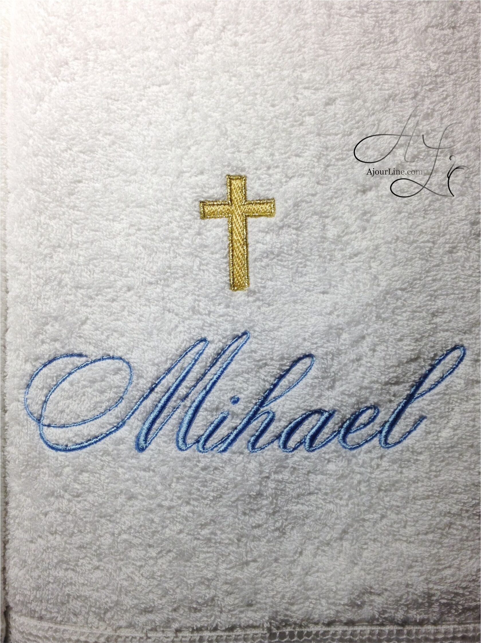 Personalized terry towel with custom embroidery for christening, made to order in Riga, worldwide shipping.