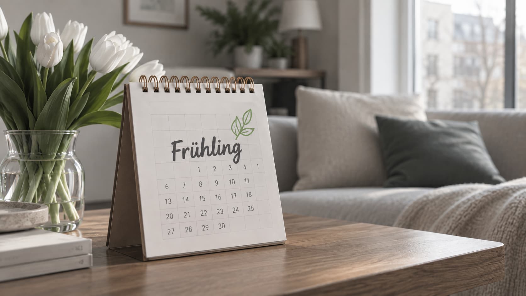 Fr&uuml;hlingskalender auf einem Wohnzimmertisch neben wei&szlig;en Tulpen und einem Sofa &ndash; passende Vorbereitung auf die professionelle Polsterreinigung bei Shikardos.