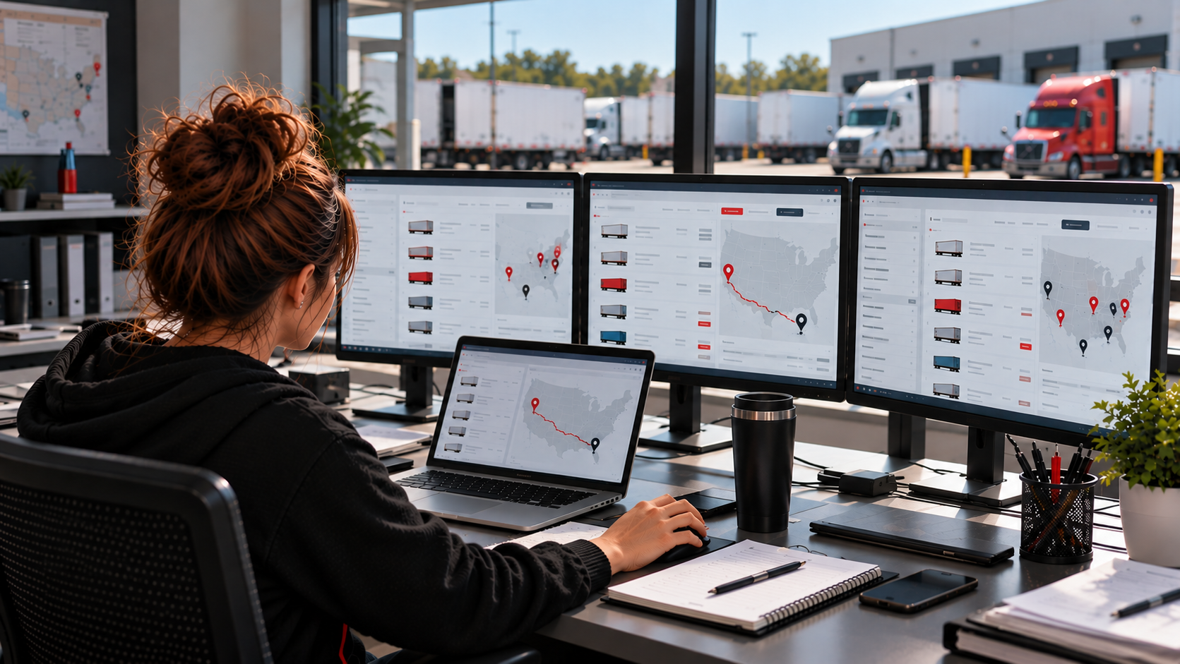 A dispatcher comparing several generic load-board search interfaces on screens without showing recognizable brand UI