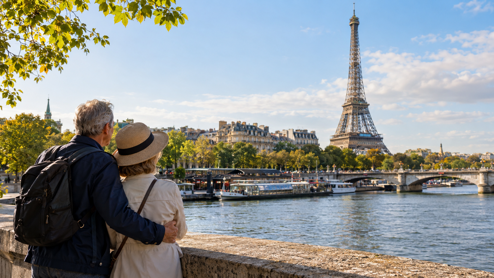 Couple looking at the Eiffel Tower across the Seine