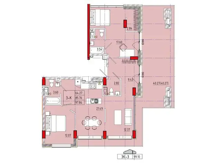 Планування 3-кімнатної квартири в ЖК Derby Style House