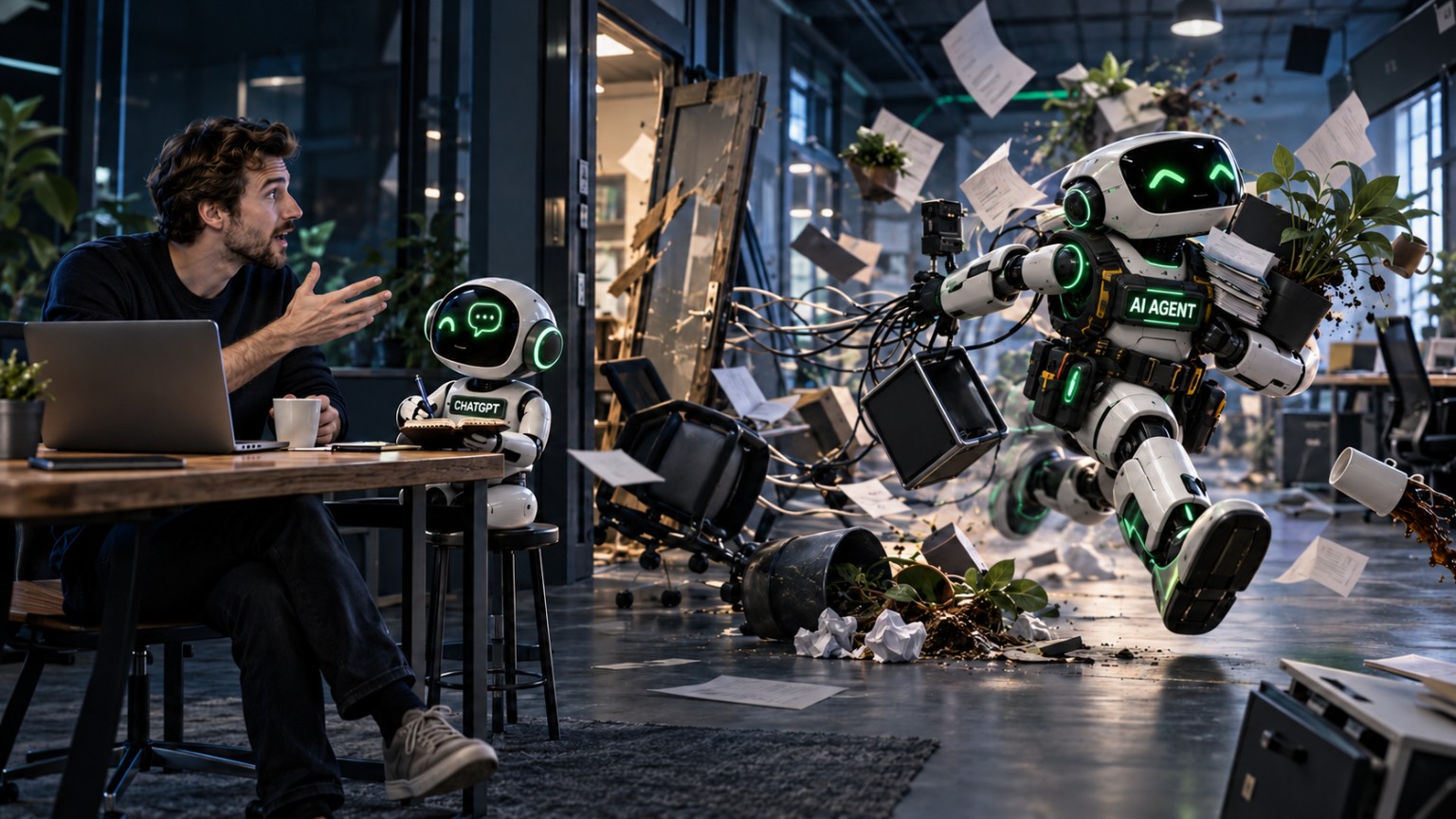 A human explains a task while a small ChatGPT assistant takes notes and an autonomous AI agent rushes away to act too early