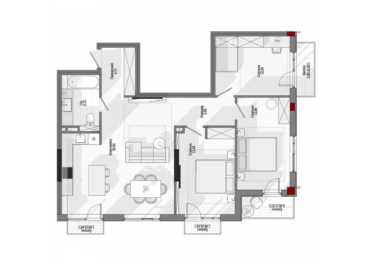 Планировка трехкомнатных апартаментов в Пространстве на Дачной — 89,2 м²