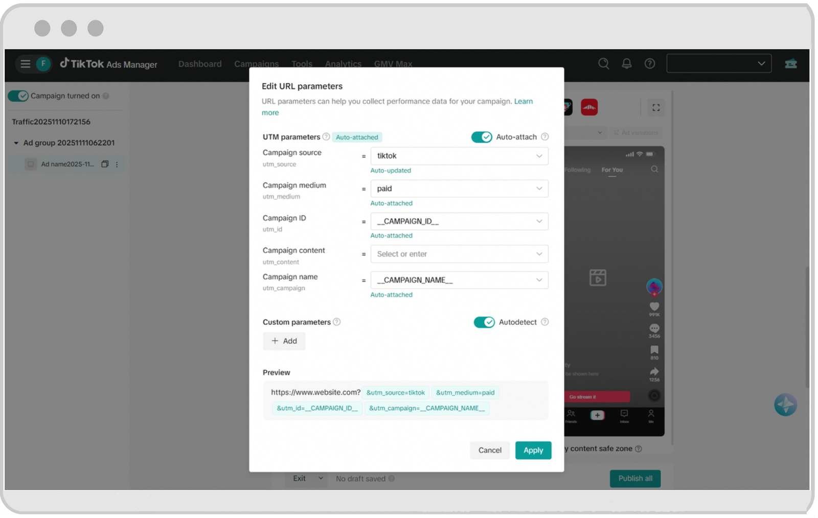 Параметры URL с UTM-метками в TikTok Ads Manager