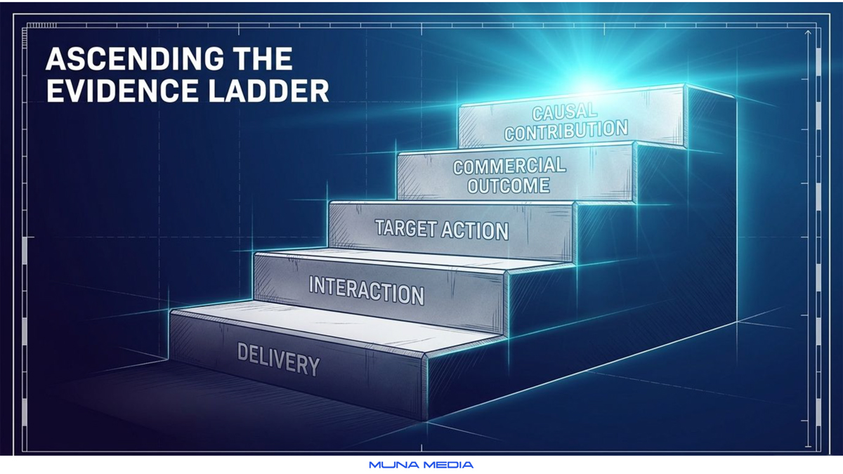 Evidence ladder of ad measurement: delivery, interaction, target action, commercial outcome and causal contribution — Muna Media