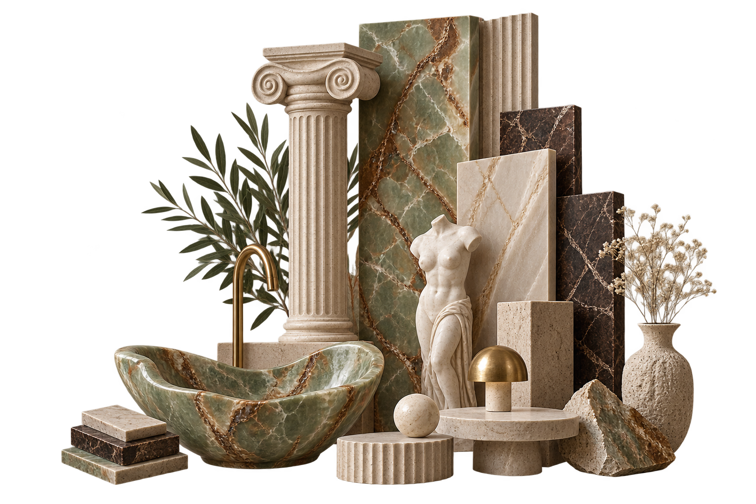 Luxury interior with marble columns and decorative sculptures