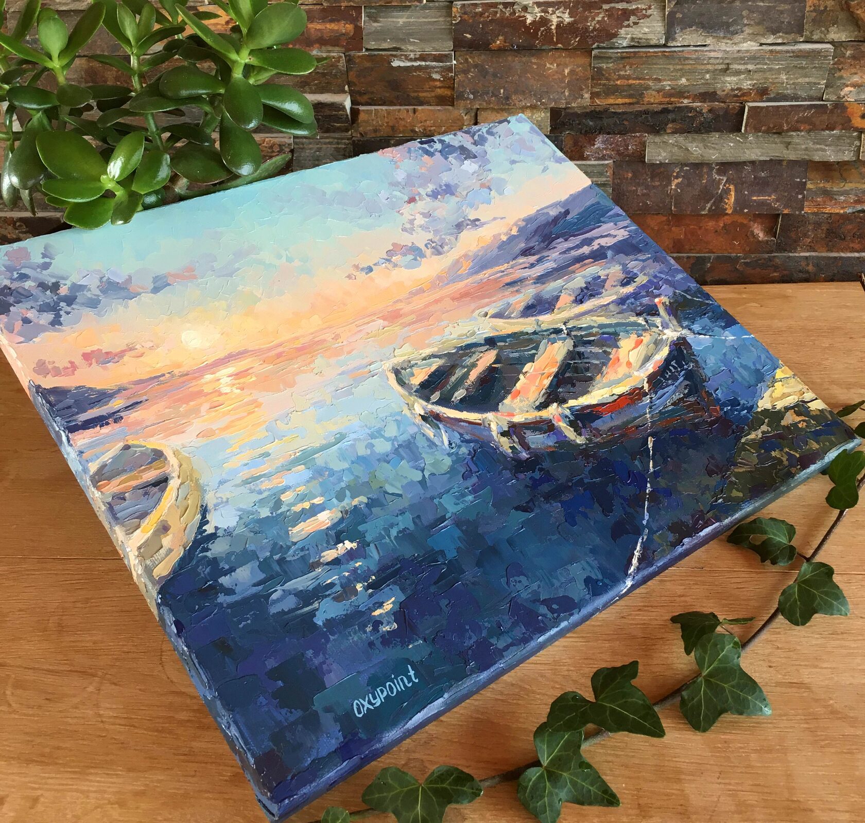 Boats at sunset oil painting, sea abstract art, seascape knife painting, artist OXYPOINT Oxana Kravtsova, painting for sale 