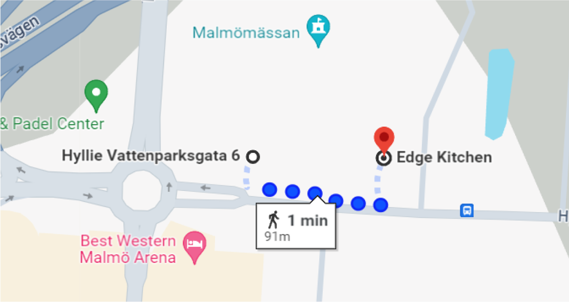 Route to Edge Kitchen Hylle, Google map screenshot.