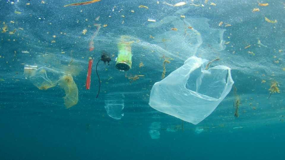 The image shows plastic pollution in the ocean, highlighting the importance of water filtration to reduce contaminants and ensure clean, safe drinking water at home
