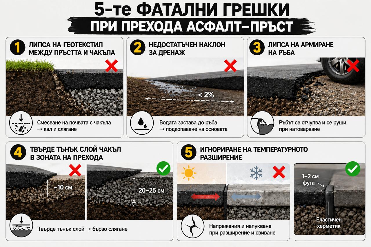 Инфографика: 5-те фатални грешки при преход асфалт–пръст – липса на геотекстил, наклон, армиране, тънък чакъл и температурна фуга