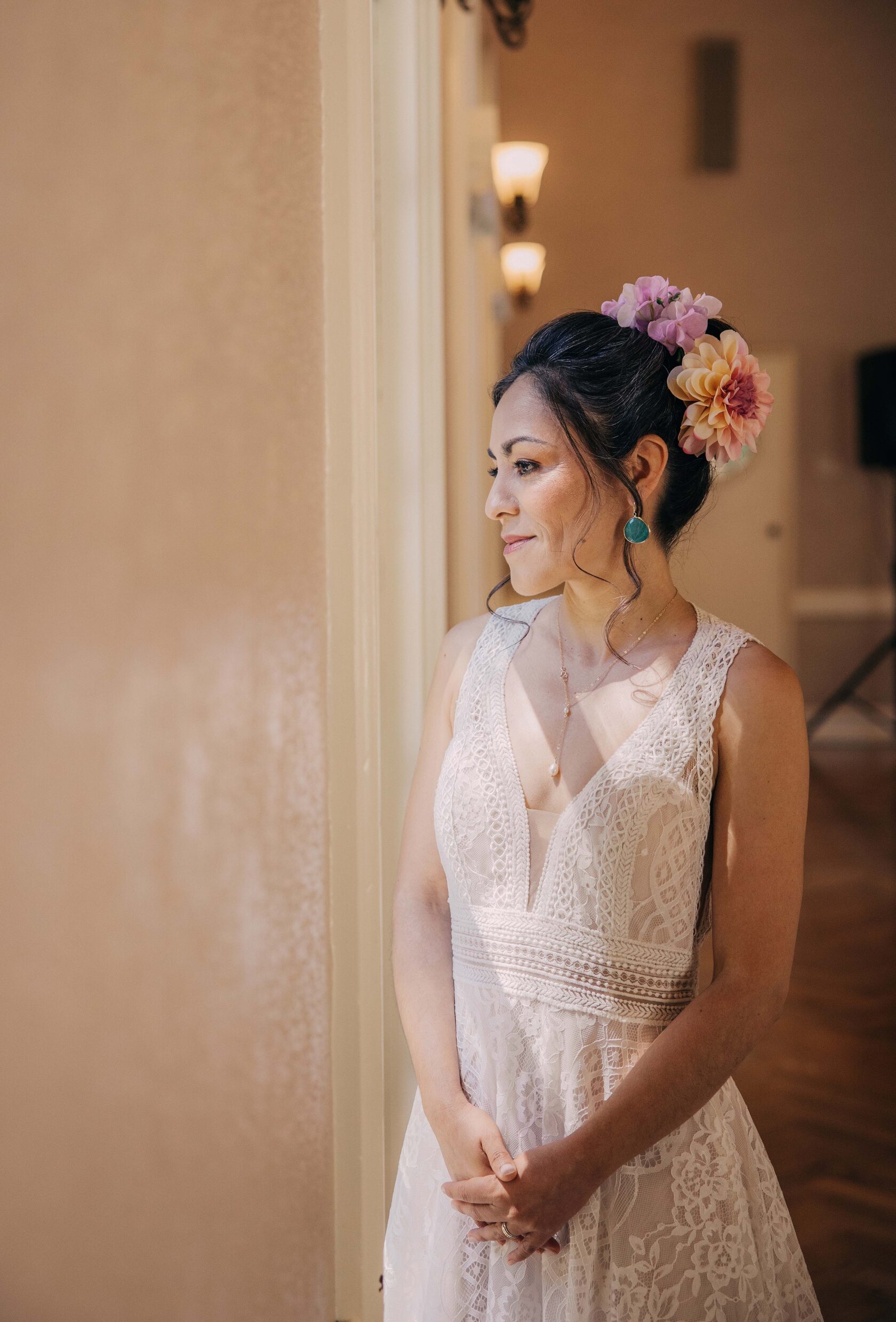 Elopement couple portrait by window