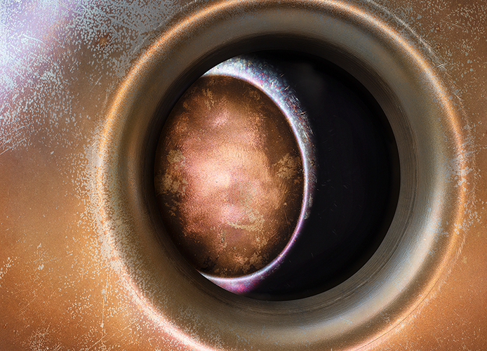 Blick in das Innere einer Handpan mit kupferfarbenem Tonfeld