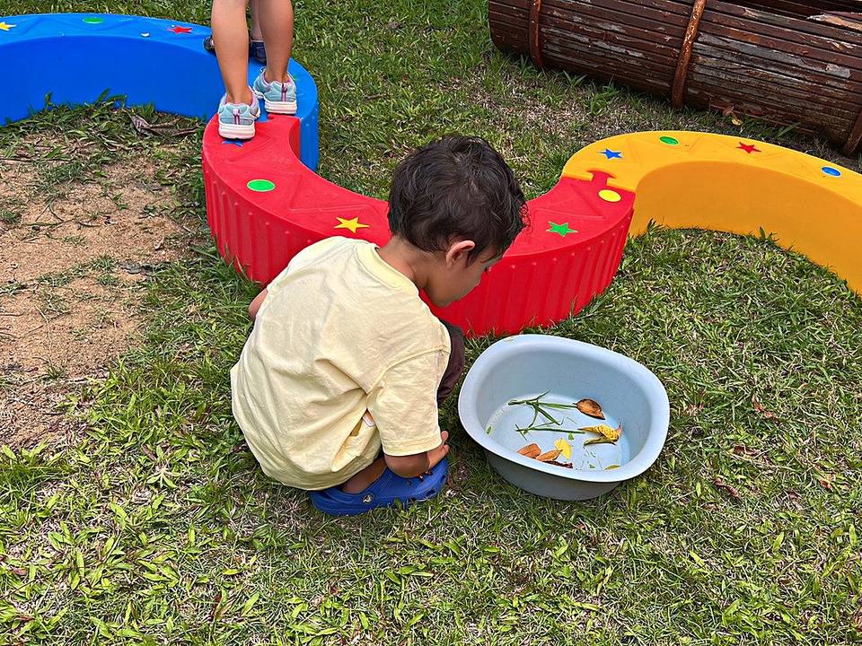 Child collecting leaves in a tub during outdoor play in the Alpha Green Preschool garden
