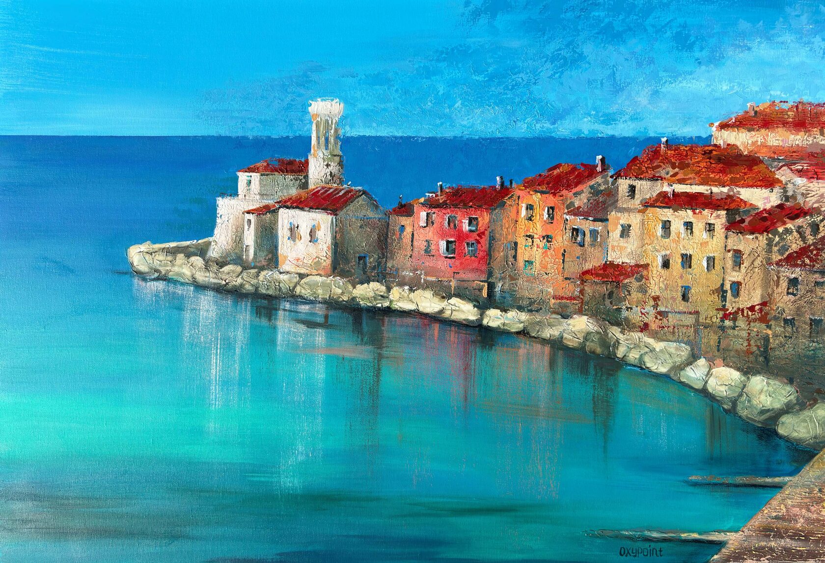 Acrylic painting Piran, mixed media, large wall art for sale, buy art from artist, buy original paintings, Slovenia, painting for sale Oxana Kravtsova Oxypoint