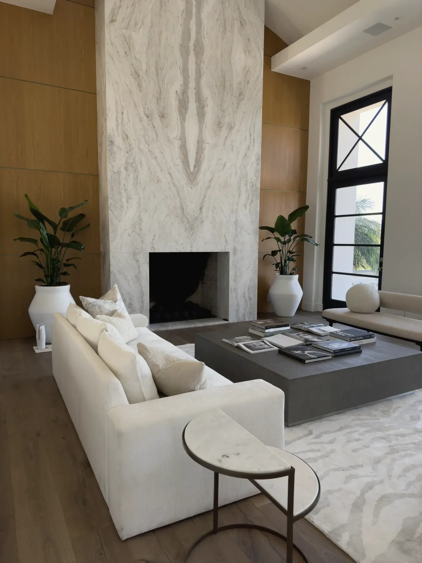 Birds of paradise beside a marble fireplace