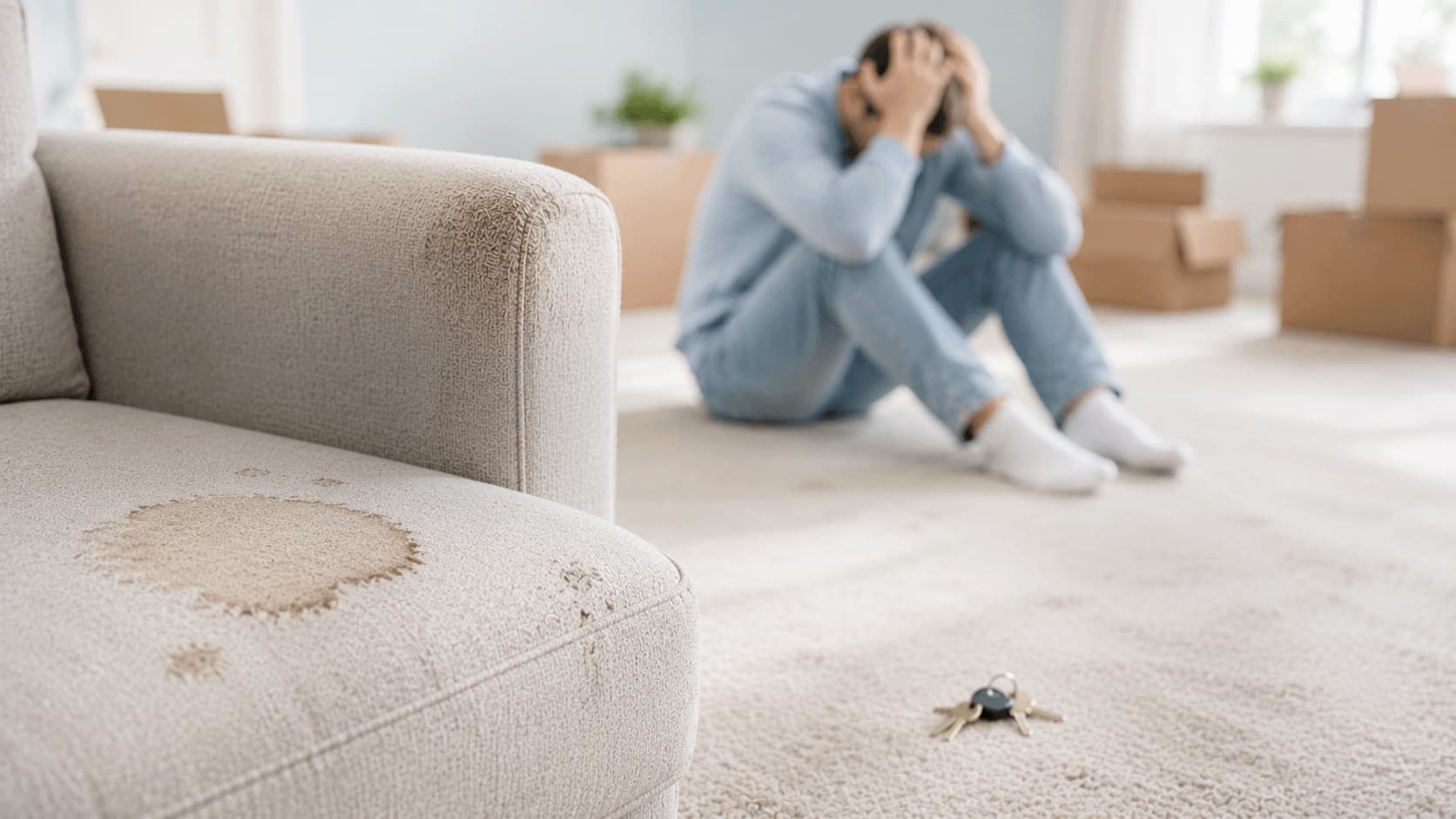 Flecken auf Sofa und abgenutzter Teppich neben Umzugskartons &ndash; Kaution und Flecken bei der Wohnungs&uuml;bergabe in Frankfurt