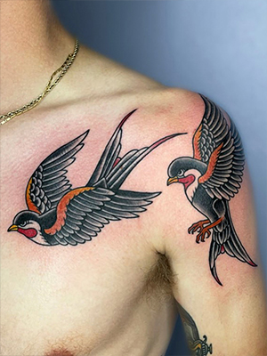 American Traditional swallow chest tattoos