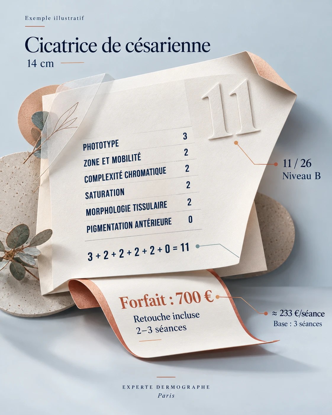 Illustration : exemple de calcul pour une cicatrice de césarienne de 14 cm, score 11 sur 26, niveau B, forfait 700 €
