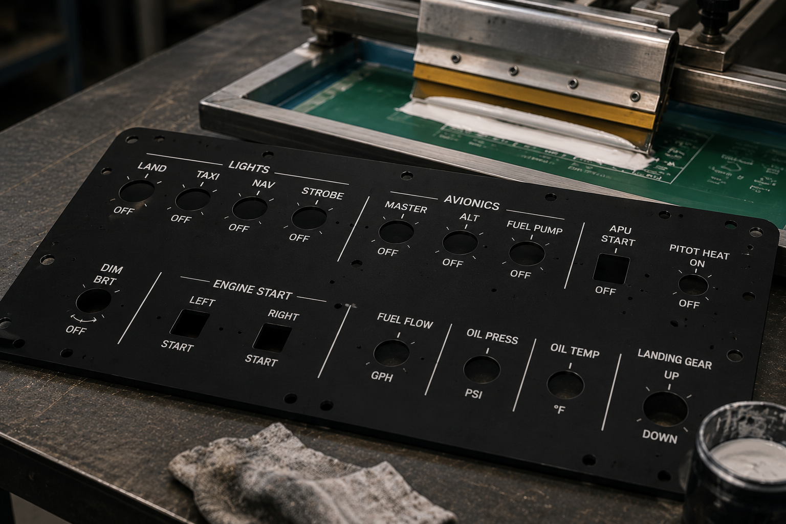 Silk-screened legends and markings on a finished avionics panel
