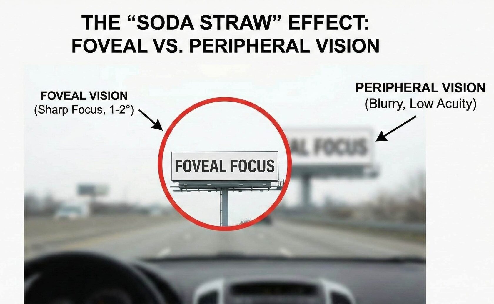 Foveal vision simulation showing the 'soda straw' effect. The center circle represents the 2 degrees of sharp focus, while the surrounding area mimics the blur of peripheral vision.