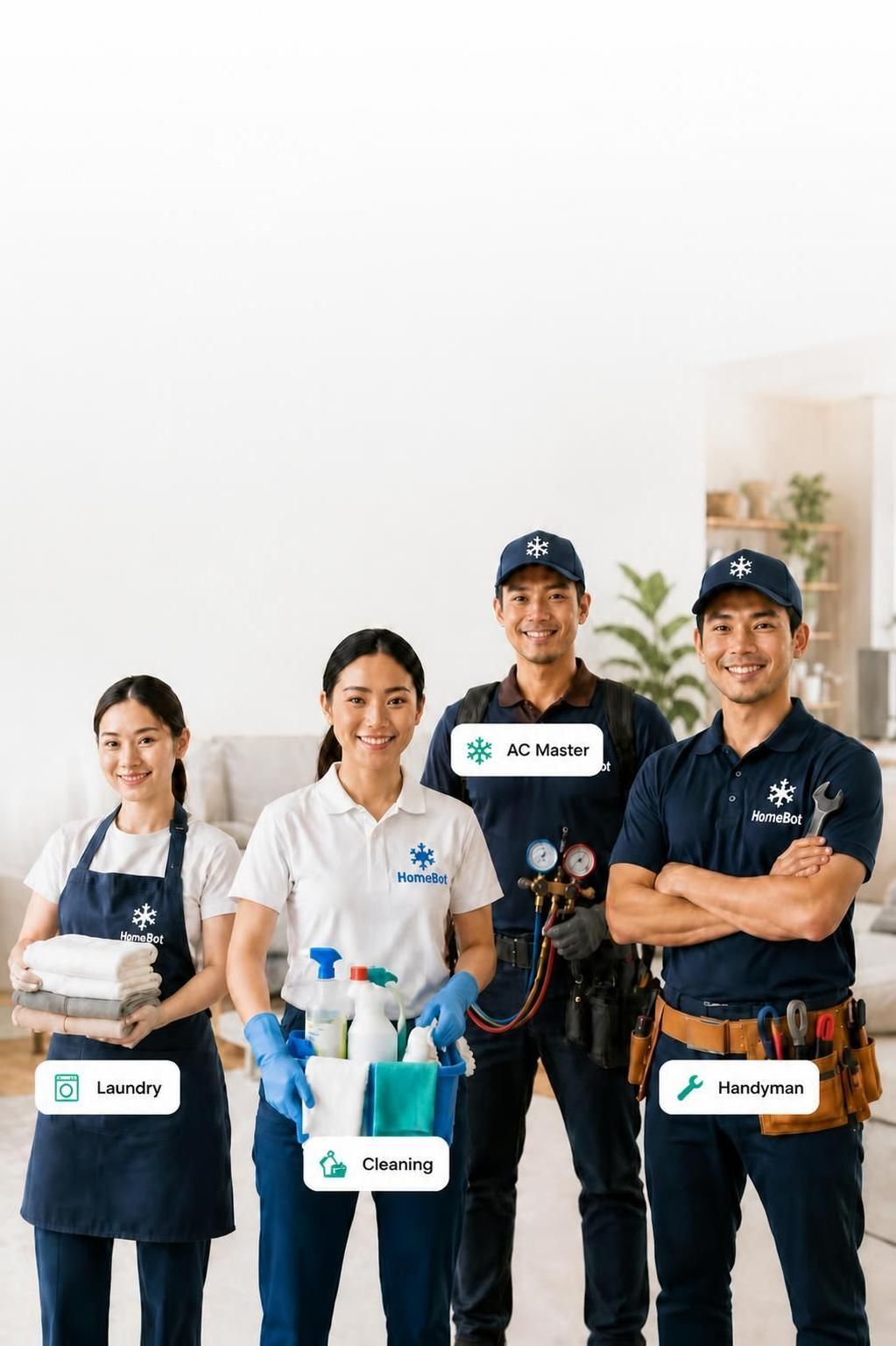 HomeBot app interface showing home services, cleaning, laundry, AC service, and more