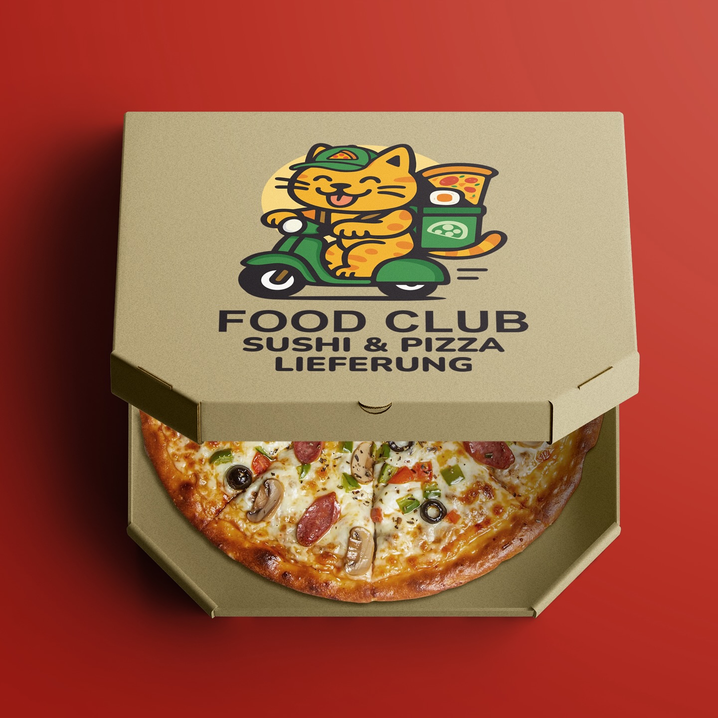 Pizza box with the Food Club logo