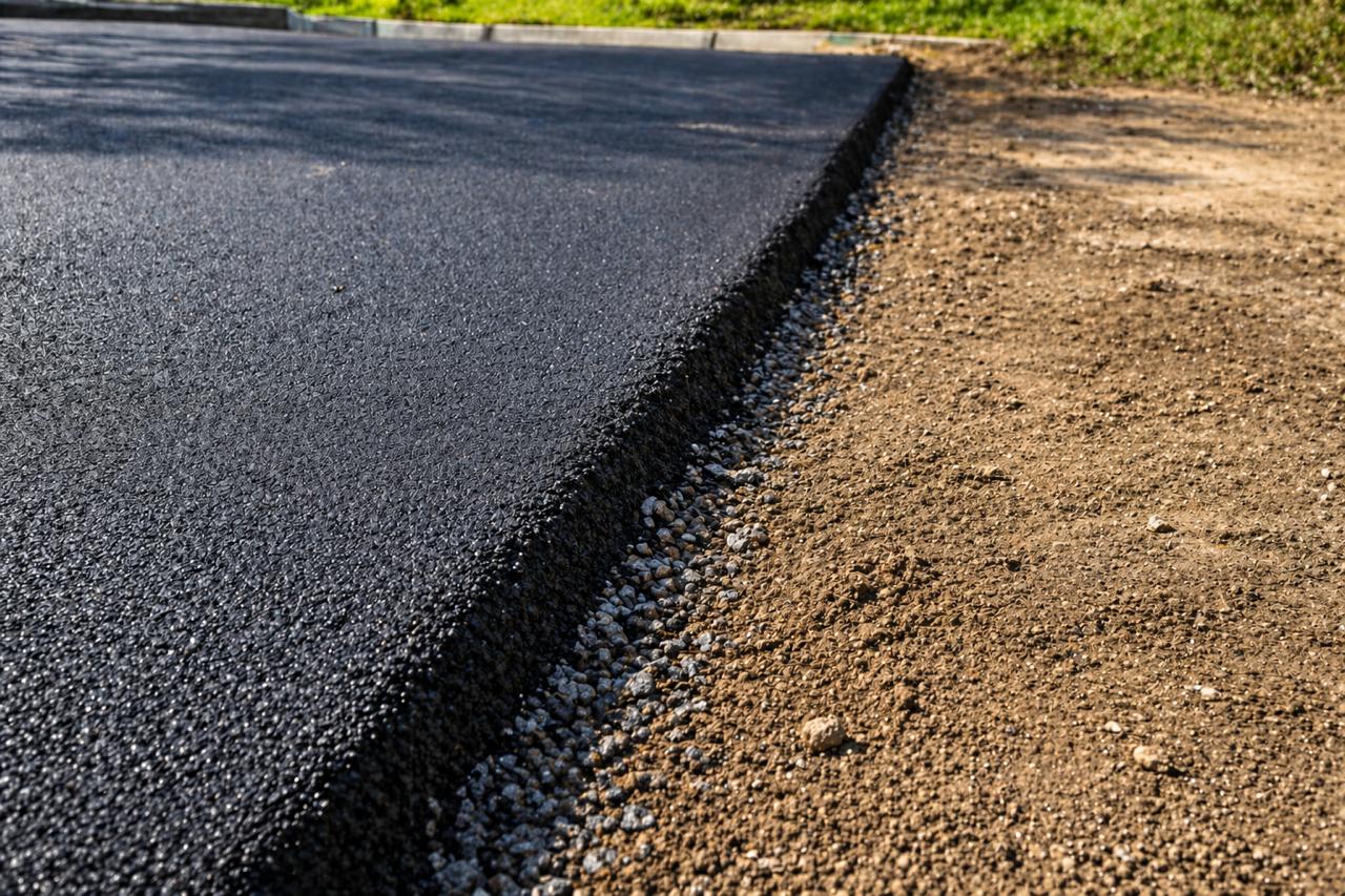 Преход между асфалт и пръст с правилно оформен ръб и уплътнена основа без слягане