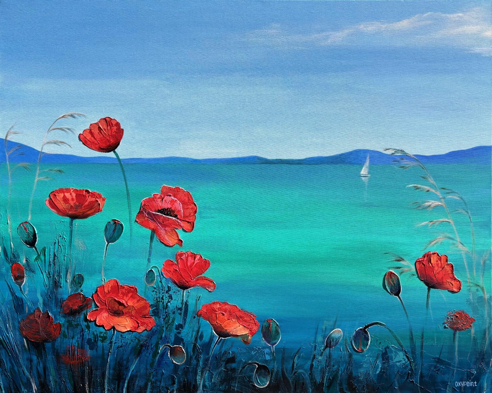 Acrylic painting Poppy, Poppies, White Sails, mixed media Turquoise Sea, large wall art for sale, buy art from artist, buy original paintings, Sea boats, seascape, stones in the sea, painting for sale Oxana Kravtsova Oxypoint