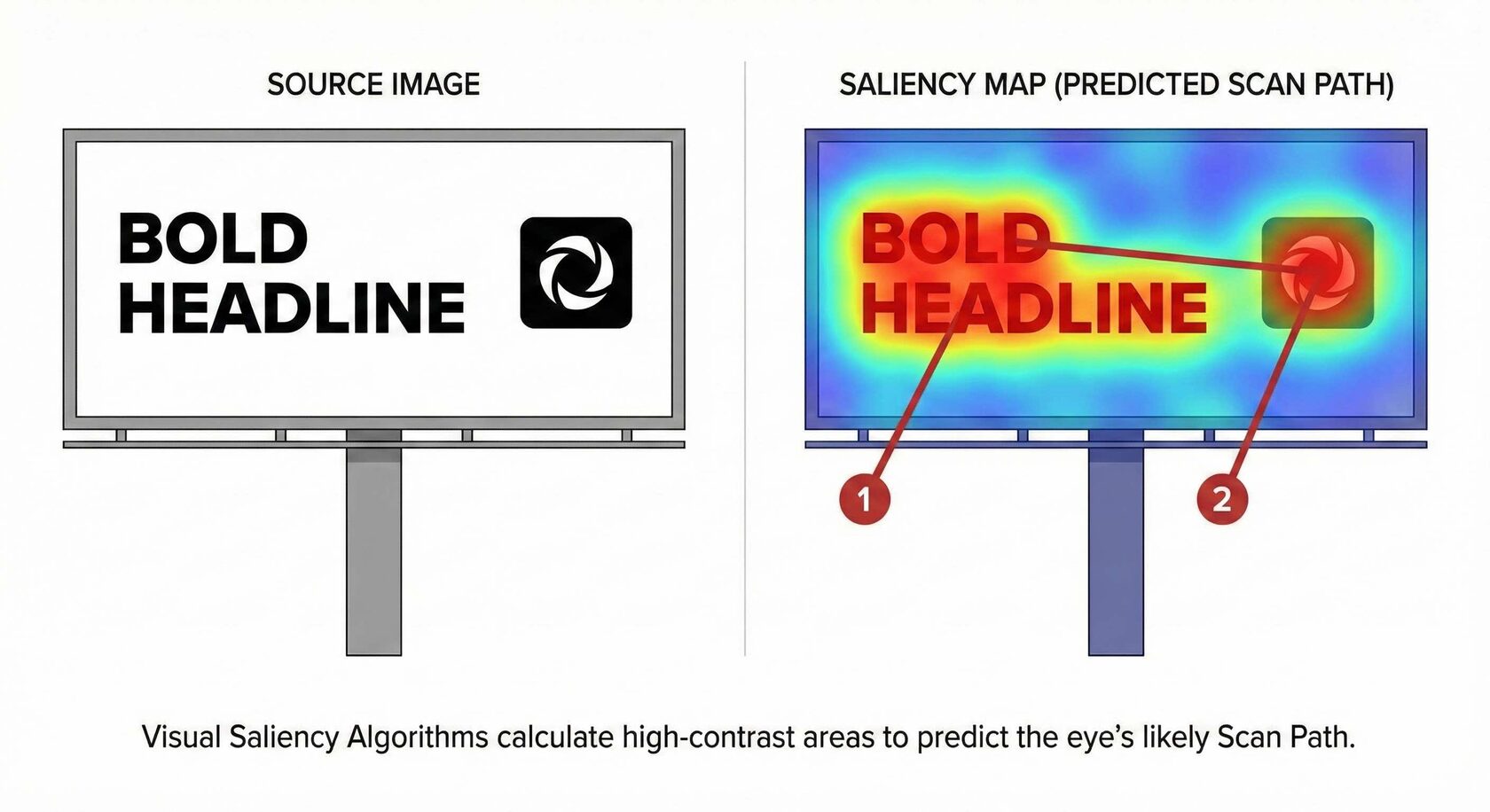 Visual Saliency Map comparison showing a predicted saccadic scan path. The heatmap visualizes fixation points based on luminance contrast and edge orientation algorithms.