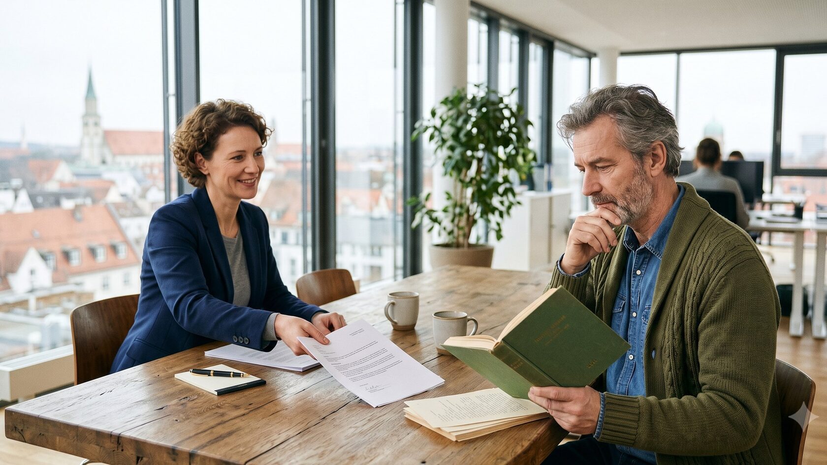 Autor mit eigenem Buch und Verlegerin mit Vertrag an einem Tisch vor Altstadt-Panorama, Sinnbild der Wahl zwischen Self-Publishing und Verlag.